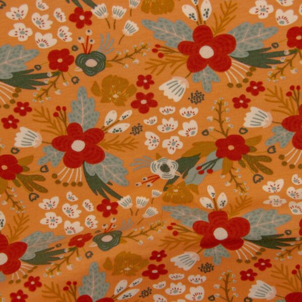 cvetlični vzorec - rdeči šopki na marelični