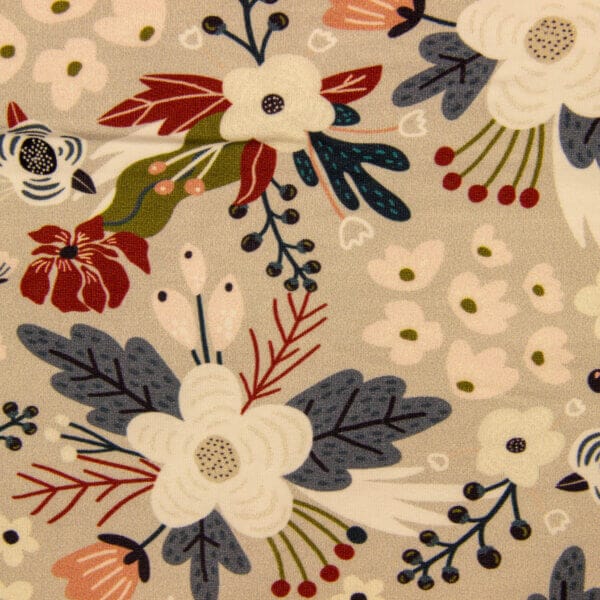 cvetlični vzorec - šopki rdeča/modra/bela/zelena na sivkasti